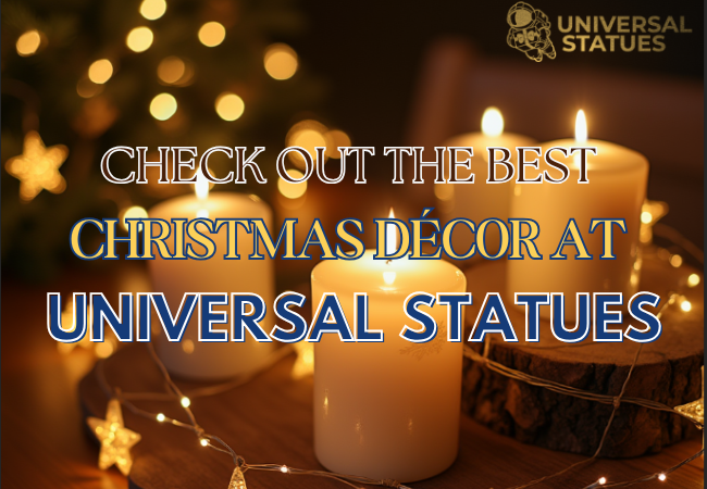 Warm Christmas scene featuring glowing candles surrounded by string lights, promoting the best Christmas décor at Universal Statues, ideal for festive home decorations.
