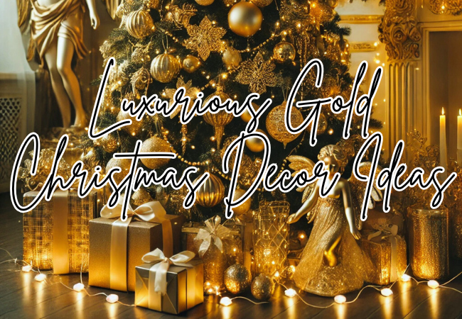 "Luxurious Gold Christmas Decor Ideas" image features a lavishly decorated Christmas tree adorned with gold ornaments, surrounded by golden gift boxes, shimmering lights, and an elegant angel statue, creating a warm, opulent festive atmosphere.