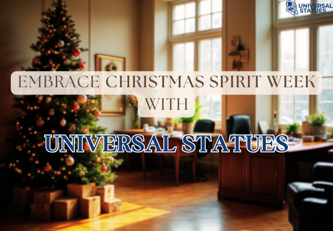 Festive office with a Christmas tree, lights, and presents, promoting "Embrace Christmas Spirit Week with Universal Statues."