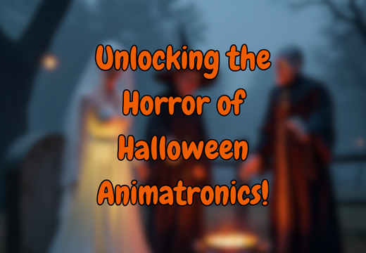 A group of Halloween animatronics, including a witch, a bride, and a man, stand in a foggy forest. The text "Unlocking the Horror of Halloween Animatronics!" is overlaid on the image.