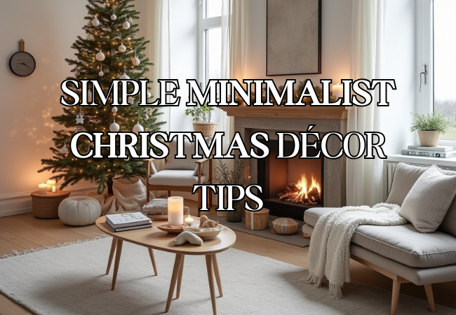 A simple and elegant Christmas living room featuring a decorated tree, a cozy couch, and a warm fireplace.