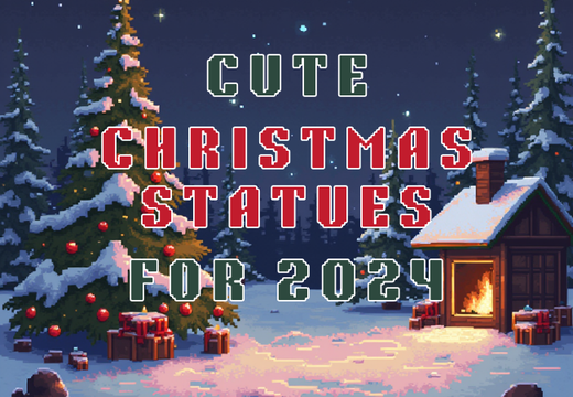 Festive winter scene featuring snow-covered Christmas trees adorned with ornaments, a warmly lit cabin, and wrapped presents. Text reads 'Cute Christmas Statues for 2024' in festive red and green font. Perfect for holiday decor inspiration.