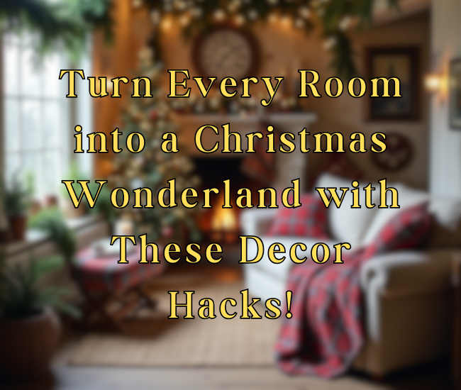 Cozy living room decorated for Christmas with a beautifully lit tree, garlands, and warm holiday ambiance. Text overlay reads, 'Turn Every Room into a Christmas Wonderland with These Décor Hacks!'