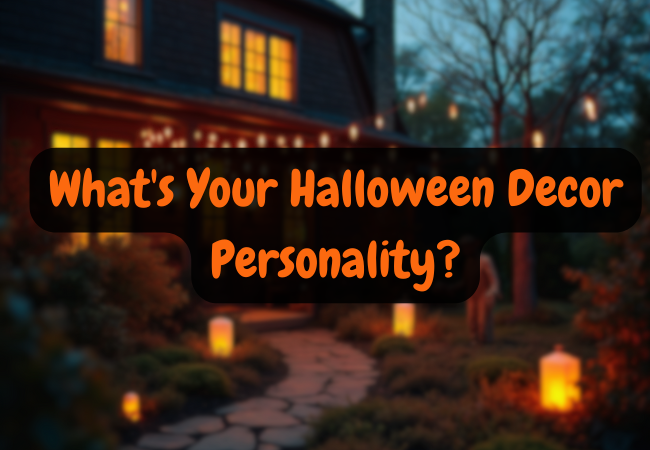 A photo of a house decorated for Halloween with orange lights and pumpkins. The text "What's Your Halloween Decor Personality?" is superimposed over the image.