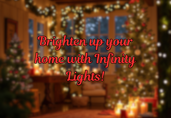 A cozy living room decorated for Christmas with a beautifully lit Christmas tree and twinkling lights. The text "Brighten up your home with Infinity Lights!" is superimposed over the image.