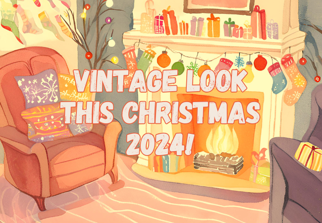 A cozy vintage Christmas scene featuring classic decorations, warm lights, and nostalgic holiday elements.