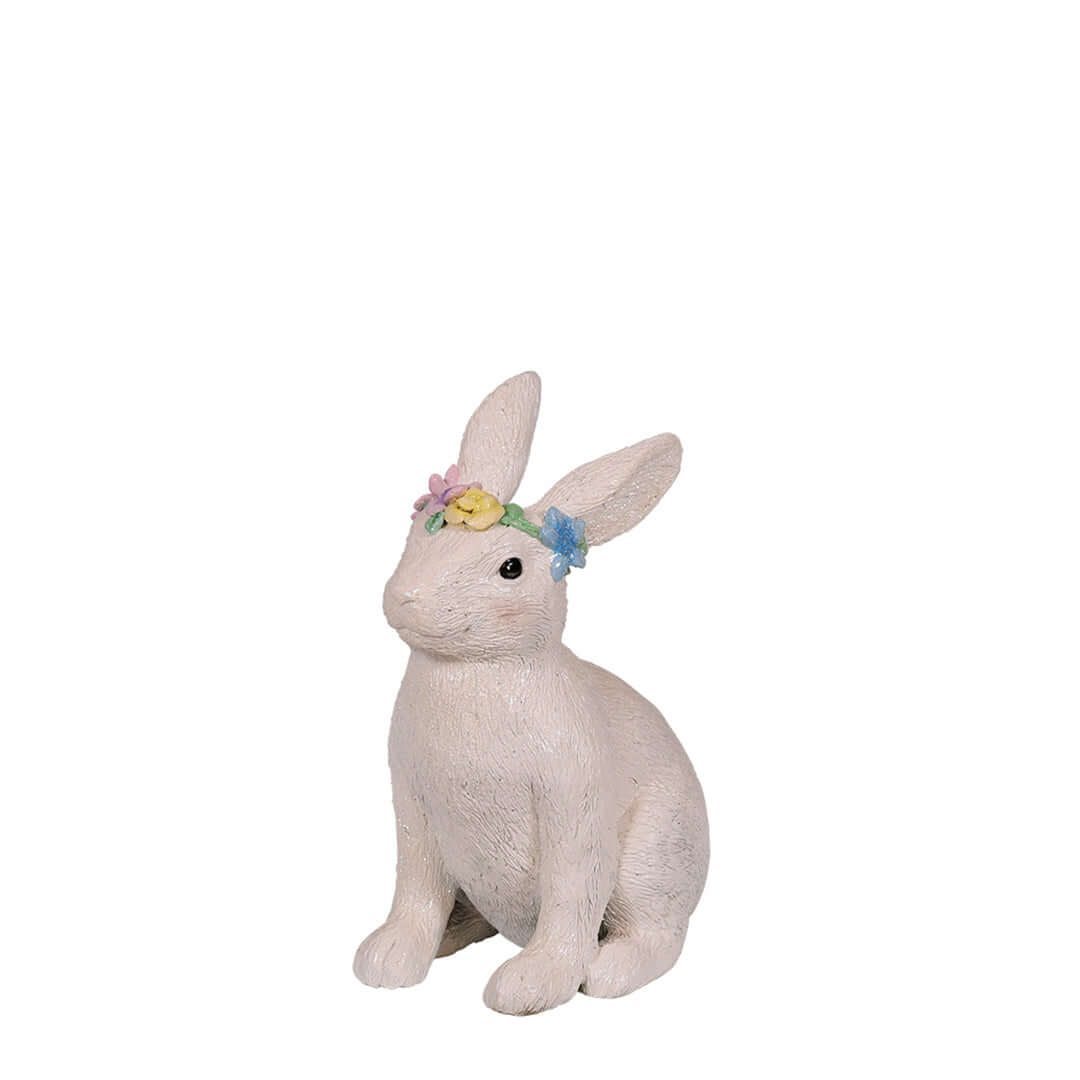 sitting easter bunny statue with flower crown full view
