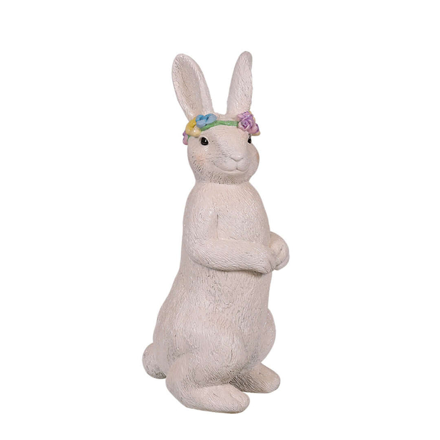 standing white bunny with flower crown for easter full view