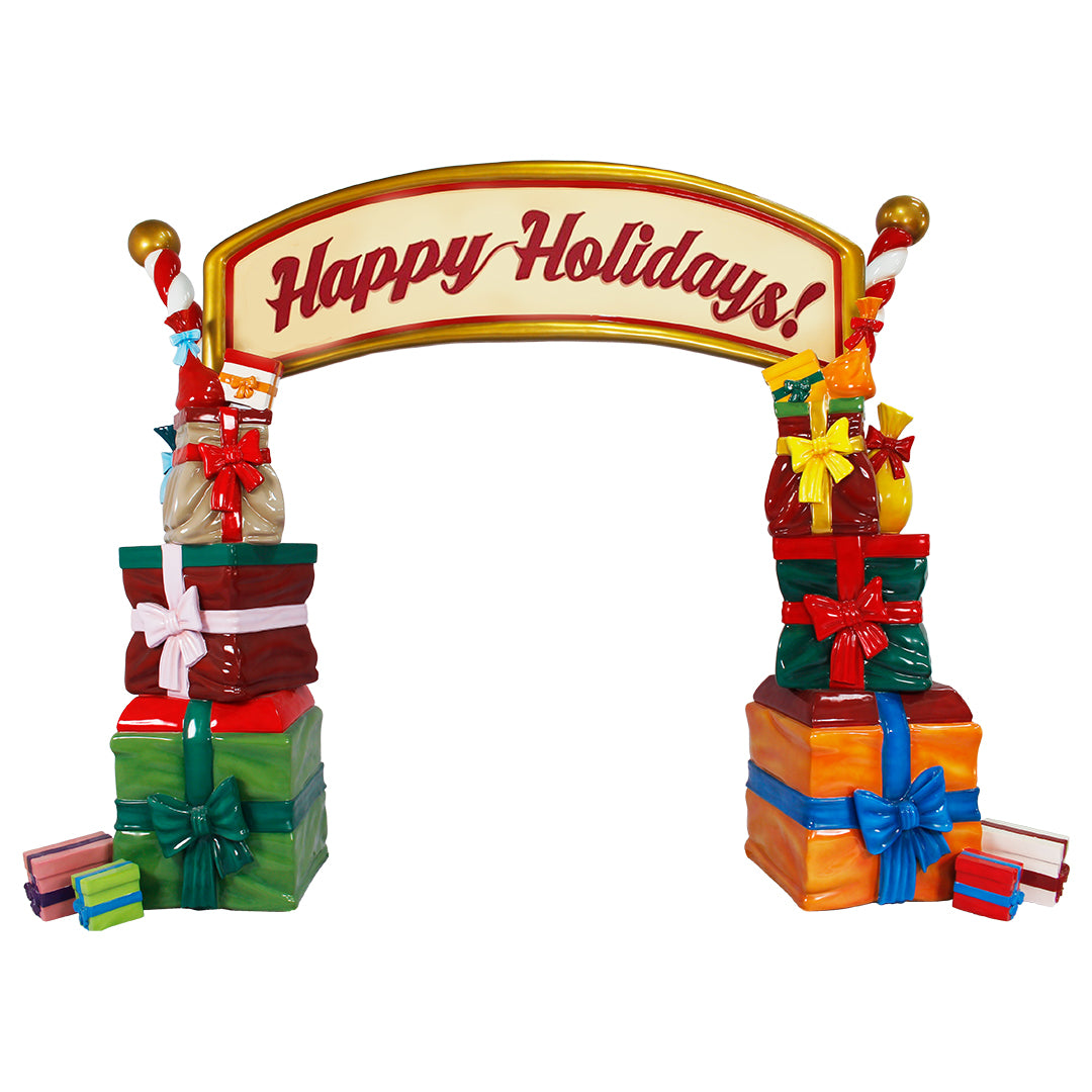 Gifts archway with Happy Holidays banner on top