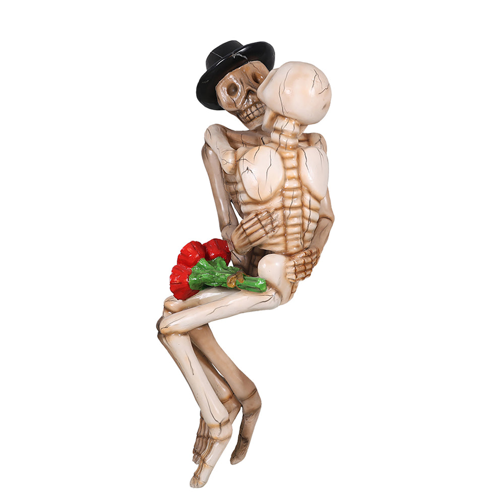 two skeletons kissing on a bench side view