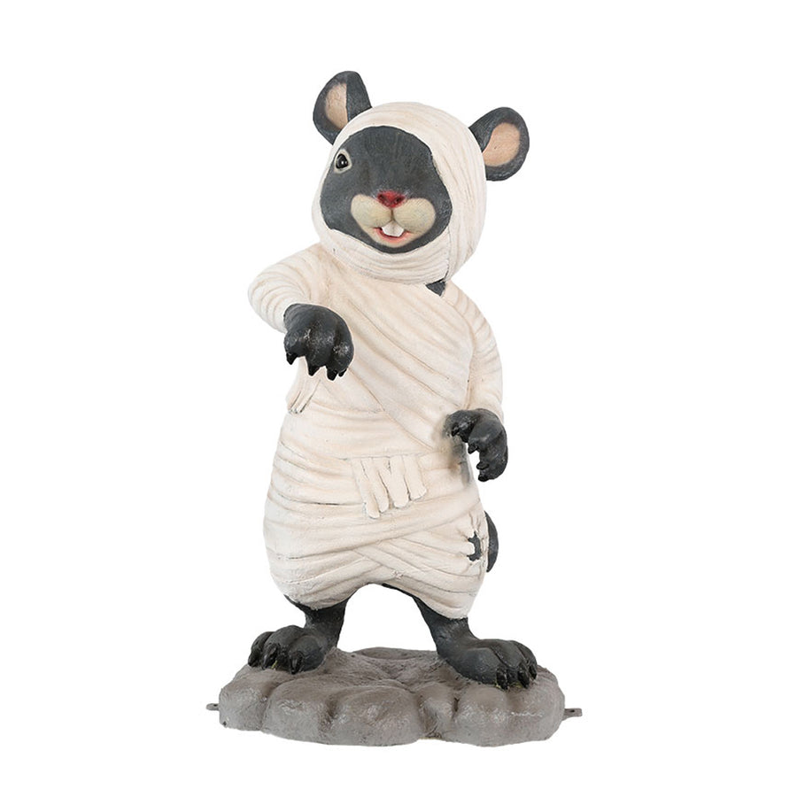 A mouse dressed as a mummy front view