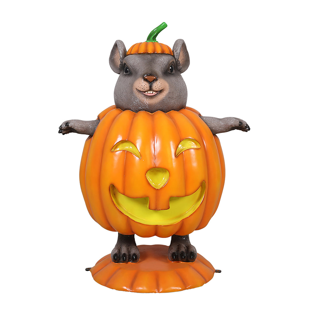 A mouse wearing a pumpkin front view