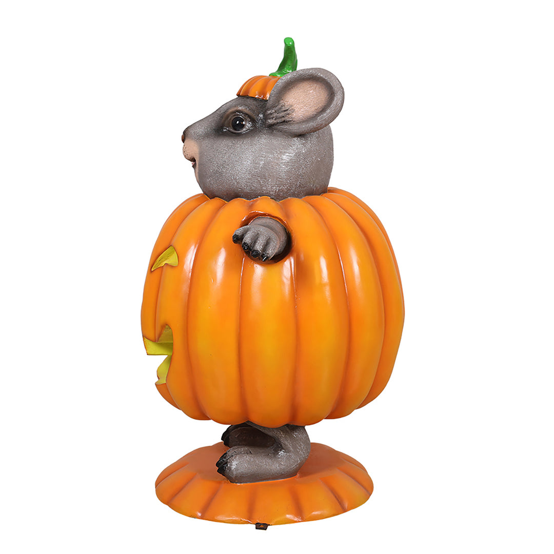 a mouse wearing a pumpkin side view