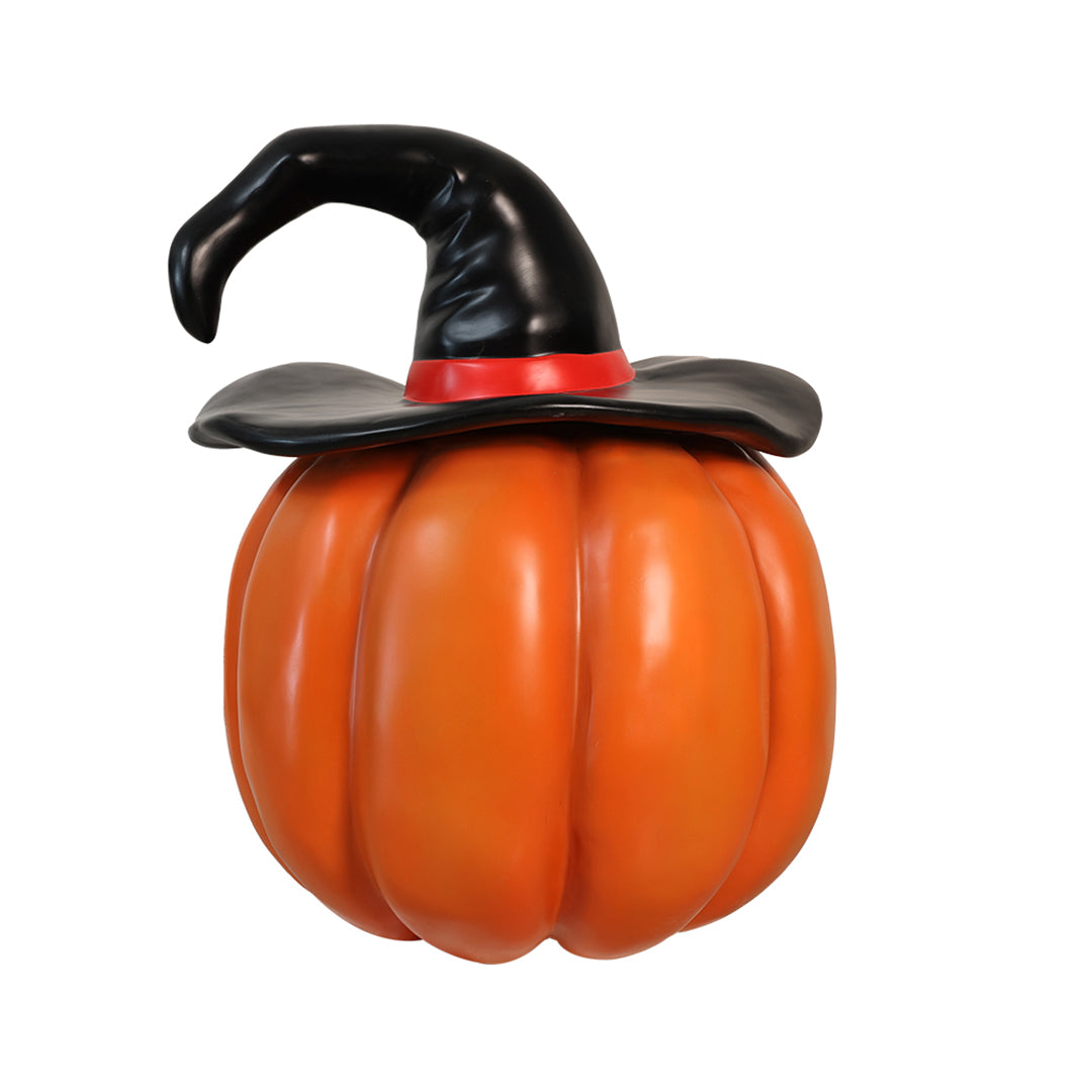 A pumpkin wearing a witch hat facing back