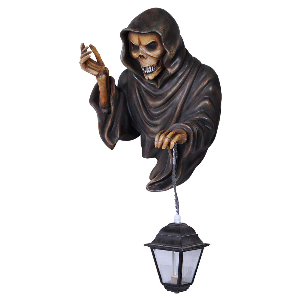 A skeleton holding a lantern tilted a bit to the side