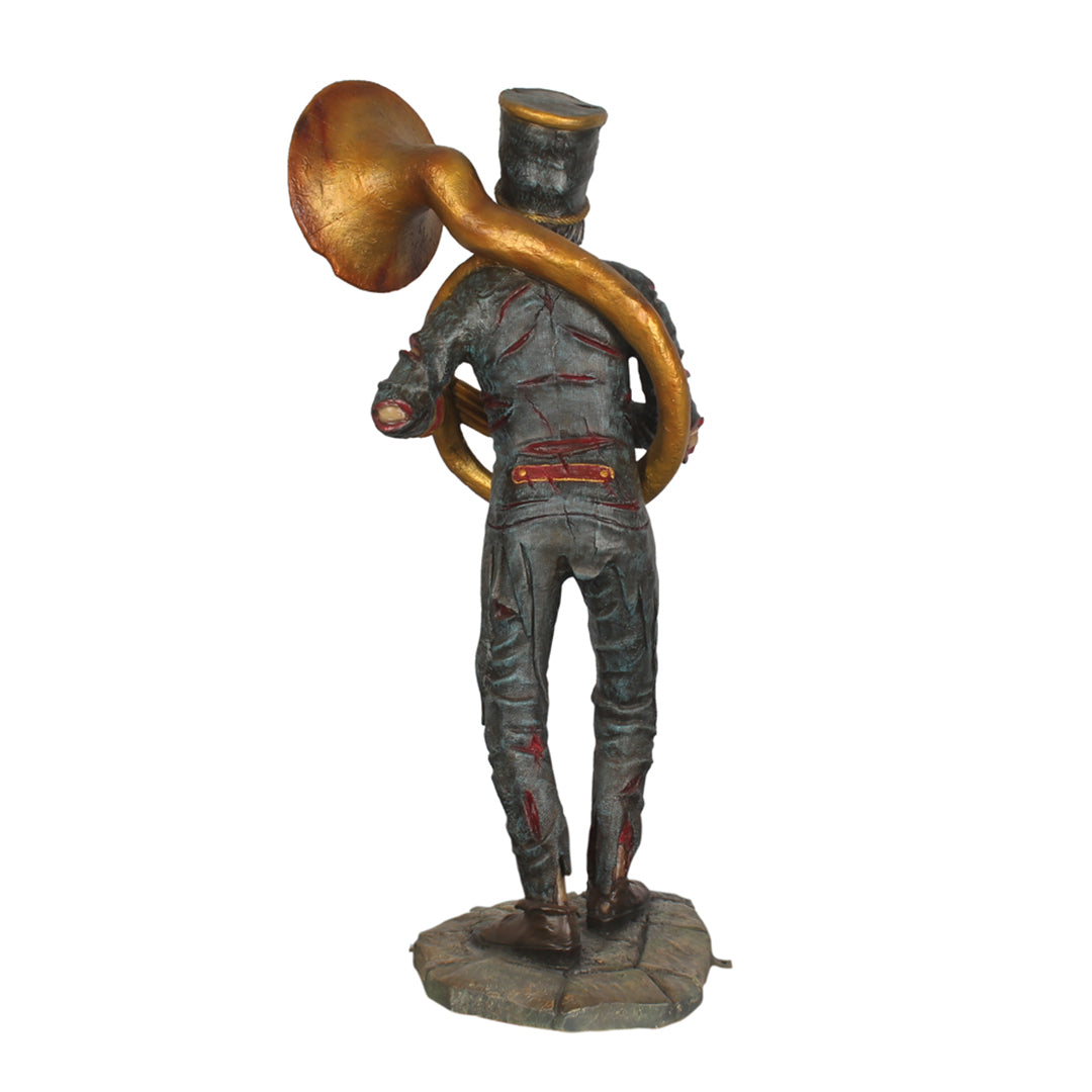 an undead horn player back view