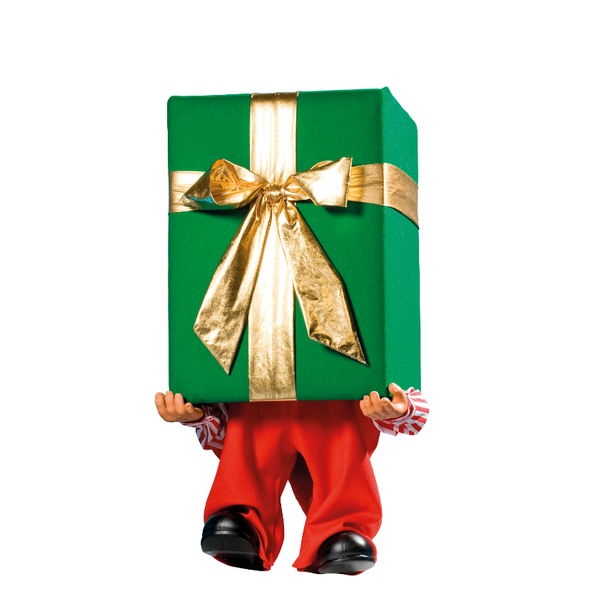 Santa's Helper with Present Box Over His Head