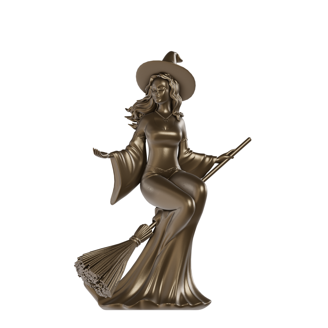 witch riding a broom ins bronze fiberglass
