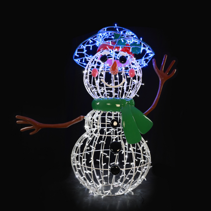 a glowing cris snowy statue snowman front