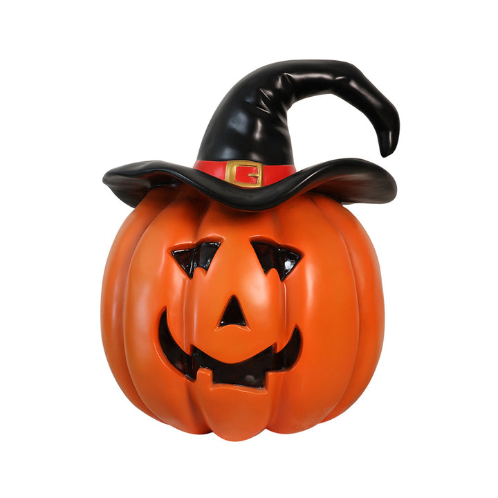 A pumpkin wearing a witch hat facing front