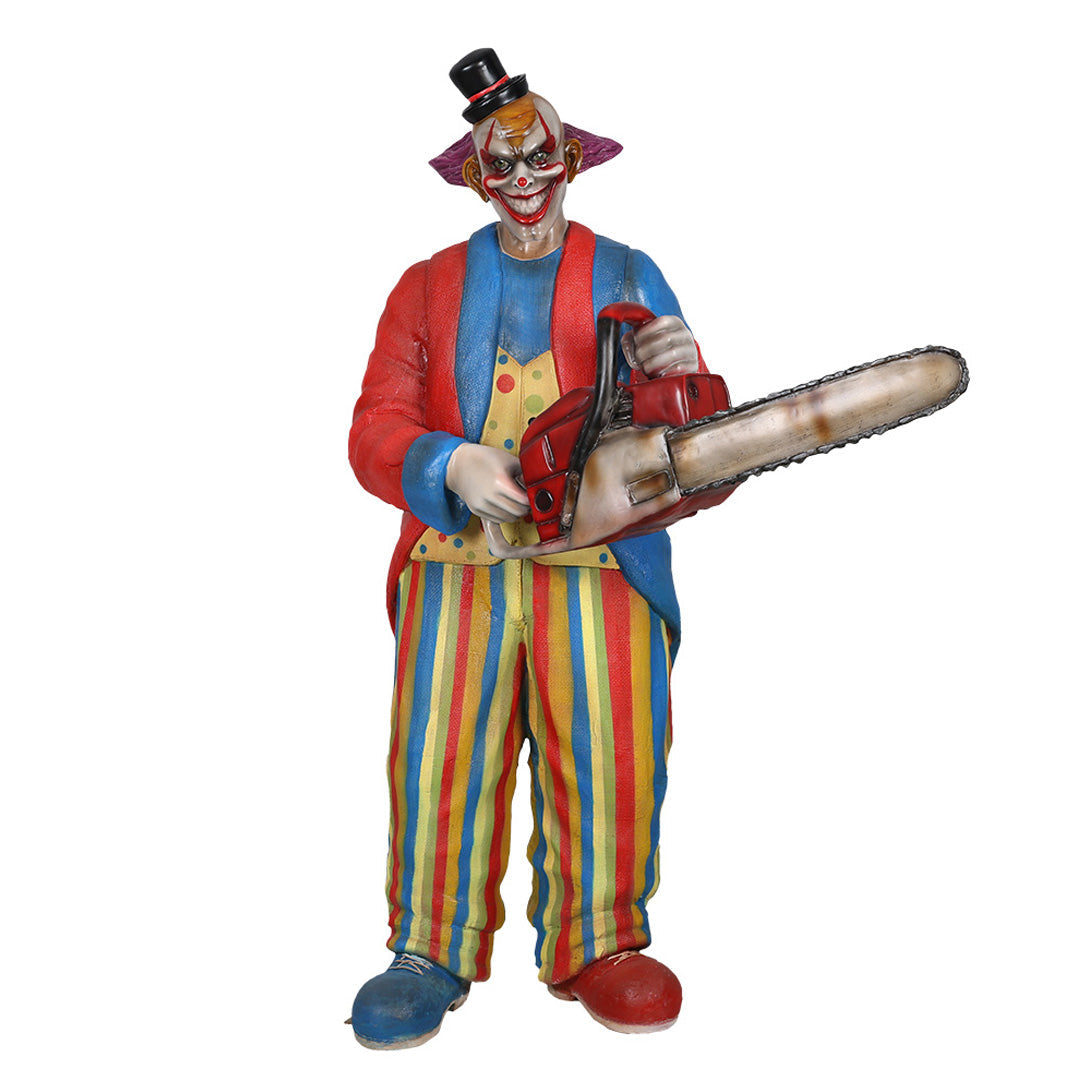 A scary clown with chainsaw facing front