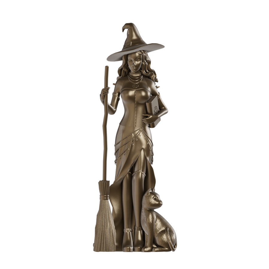 witch statue in bronze with broom, books, hat, and cat